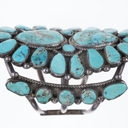6.25" Large Vintage Navajo sterling Silver/Turquoise cluster cuff bracelet - Estate Fresh Austin