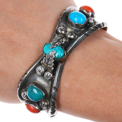 6.25" Milton Lasiloo Zuni Sterling turquoise and coral cuff bracelet - Estate Fresh Austin