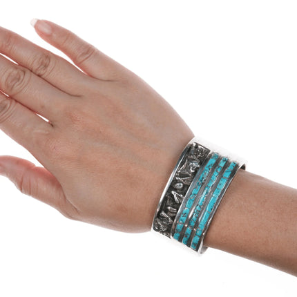 6.25" MJC Zuni Sterling channel inlay turquoise cuff bracelet - Estate Fresh Austin