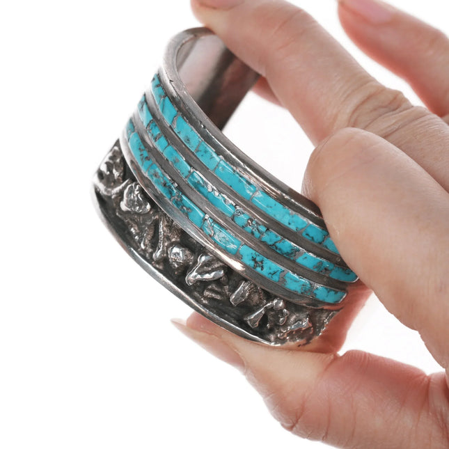 6.25" MJC Zuni Sterling channel inlay turquoise cuff bracelet - Estate Fresh Austin