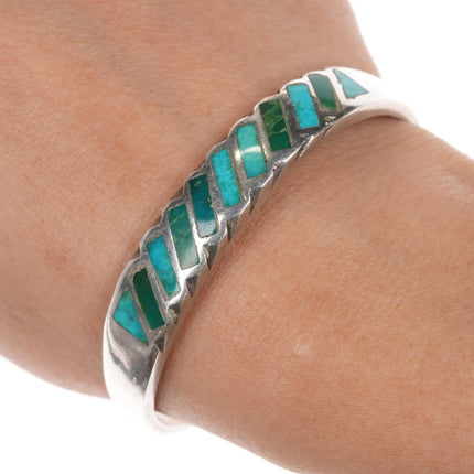 6.25" Older Zuni sterling slant turquoise flush inlay cuff bracelet - Estate Fresh Austin