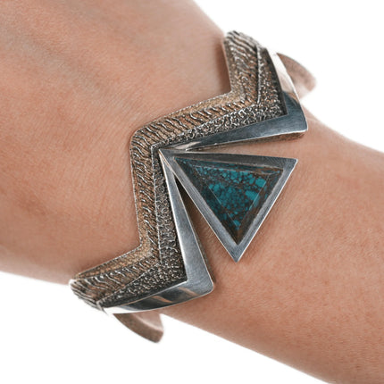 6.25" Ric Charlie Navajo sterling tufa cast cuff bracelet with spiderweb turquoise - Estate Fresh Austin