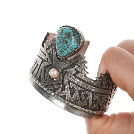 6.25" Richard Tsosie Navajo Silver cuff bracelet with high grade turquoise and pearl - Estate Fresh Austin