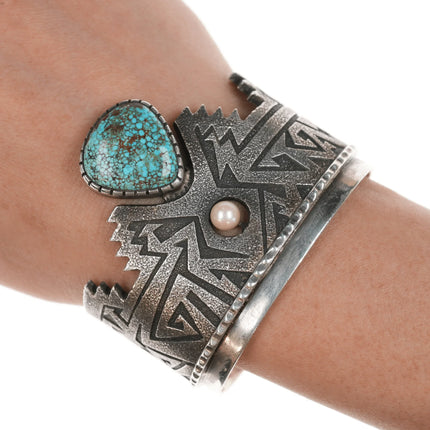 6.25" Richard Tsosie Navajo Silver cuff bracelet with high grade turquoise and pearl - Estate Fresh Austin