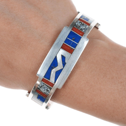 6.25" RP Native American silver Multi-stone channel inlay cuff bracelet - Estate Fresh Austin