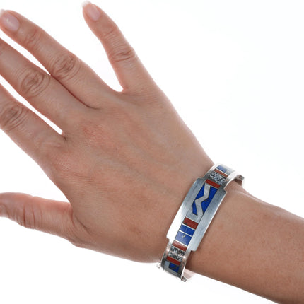 6.25" RP Native American silver Multi-stone channel inlay cuff bracelet - Estate Fresh Austin