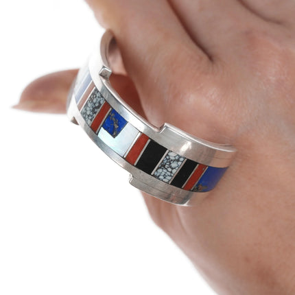 6.25" RP Native American silver Multi-stone channel inlay cuff bracelet - Estate Fresh Austin