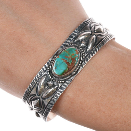6.25" Stanley Parker Navajo heavy stamped sterling high grade turquoise cuff bracelet - Estate Fresh Austin