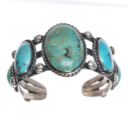 6.25" Sturdy Vintage Native American sterling turquoise graduated row cuff bracelet - Estate Fresh Austin