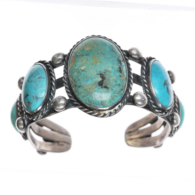6.25" Sturdy Vintage Native American sterling turquoise graduated row cuff bracelet - Estate Fresh Austin