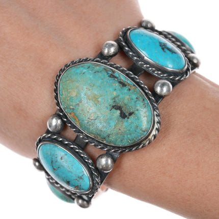 6.25" Sturdy Vintage Native American sterling turquoise graduated row cuff bracelet - Estate Fresh Austin