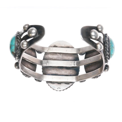 6.25" Sturdy Vintage Native American sterling turquoise graduated row cuff bracelet - Estate Fresh Austin