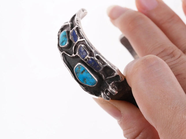6.25" Vintage Hopi Tufa Cast Watch bracelet with turquoise and lapis - Estate Fresh Austin