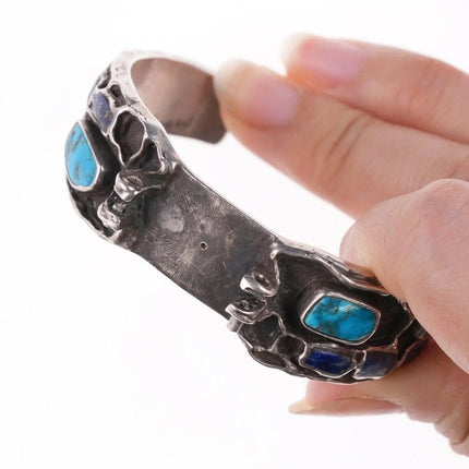 6.25" Vintage Hopi Tufa Cast Watch bracelet with turquoise and lapis - Estate Fresh Austin