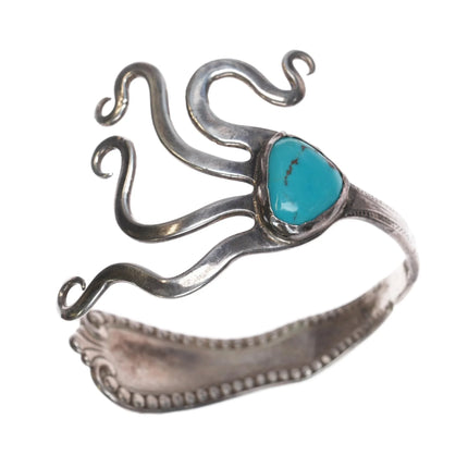 6.25" Vintage Modernist sterling fork cuff bracelet with turquoise - Estate Fresh Austin