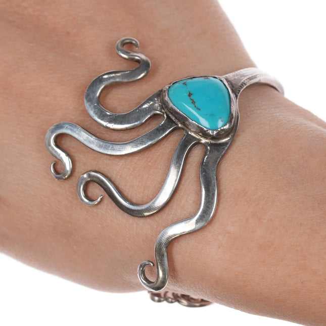6.25" Vintage Modernist sterling fork cuff bracelet with turquoise - Estate Fresh Austin
