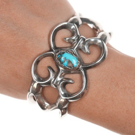 6.25" Vintage Native American cast silver cuff bracelet with turquoise - Estate Fresh Austin