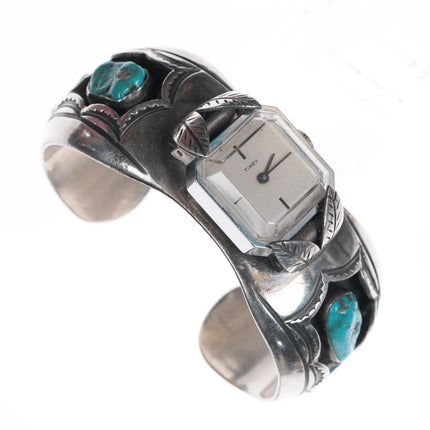 6.25" Vintage Native American hand stamped silver watch cuff bracelet w/turquoise - Estate Fresh Austin