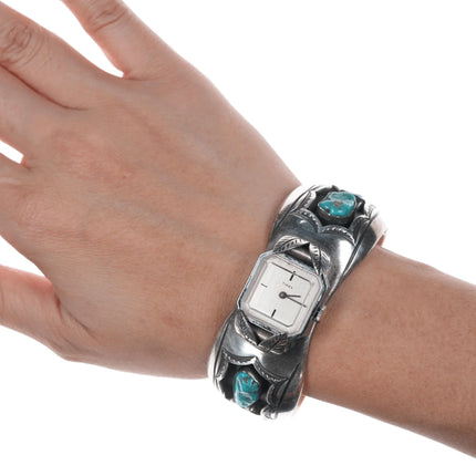 6.25" Vintage Native American hand stamped silver watch cuff bracelet w/turquoise - Estate Fresh Austin