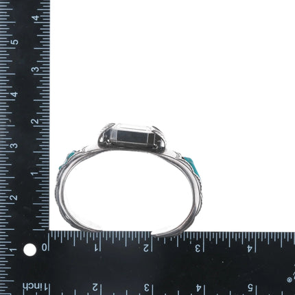 6.25" Vintage Native American hand stamped silver watch cuff bracelet w/turquoise - Estate Fresh Austin
