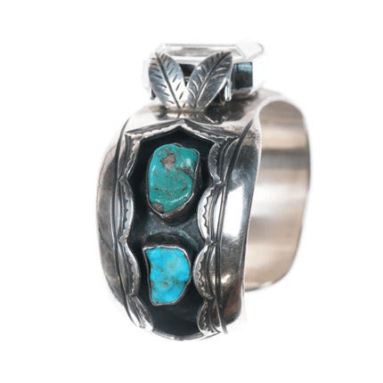 6.25" Vintage Native American hand stamped silver watch cuff bracelet w/turquoise - Estate Fresh Austin