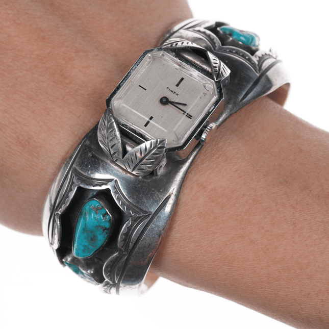 6.25" Vintage Native American hand stamped silver watch cuff bracelet w/turquoise - Estate Fresh Austin