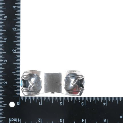 6.25" Vintage Native American hand stamped silver watch cuff bracelet w/turquoise - Estate Fresh Austin