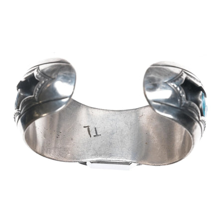 6.25" Vintage Native American hand stamped silver watch cuff bracelet w/turquoise - Estate Fresh Austin