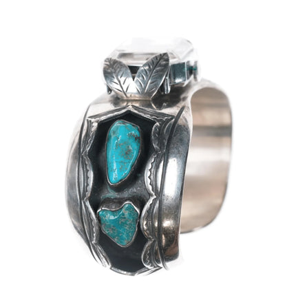 6.25" Vintage Native American hand stamped silver watch cuff bracelet w/turquoise - Estate Fresh Austin