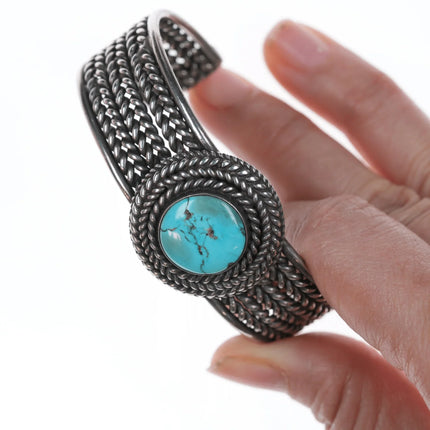 6.25" Vintage Native American Silver and turquoise twisted wire Cuff bracelet - Estate Fresh Austin
