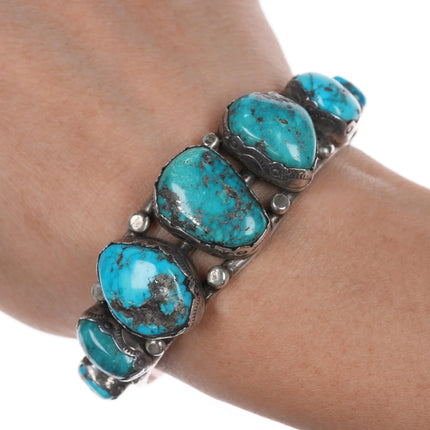 6.25" Vintage Native American silver Morenci turquoise row cuff bracelet - Estate Fresh Austin