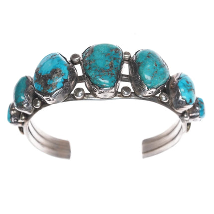 6.25" Vintage Native American silver Morenci turquoise row cuff bracelet - Estate Fresh Austin