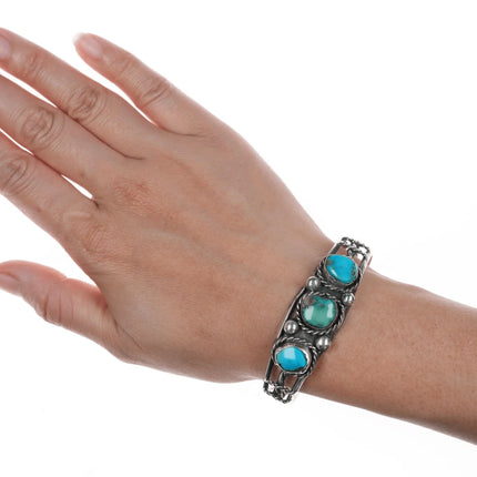 6.25" Vintage Native American silver three stone turquoise cuff bracelet - Estate Fresh Austin