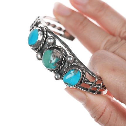 6.25" Vintage Native American silver three stone turquoise cuff bracelet - Estate Fresh Austin