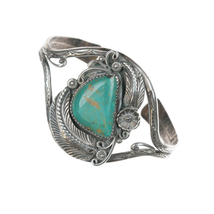6.25" Vintage Native American sterling feather blossom cuff bracelet - turquoise - Estate Fresh Austin