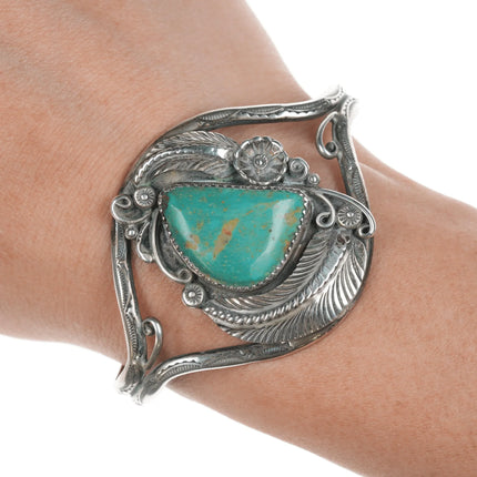 6.25" Vintage Native American sterling feather blossom cuff bracelet - turquoise - Estate Fresh Austin