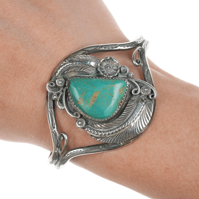 6.25" Vintage Native American sterling feather blossom cuff bracelet - turquoise - Estate Fresh Austin