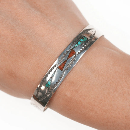6.25" Vintage Navajo chip inlay cuff bracelet with nice stampings - Estate Fresh Austin