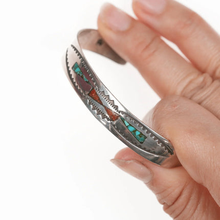 6.25" Vintage Navajo chip inlay cuff bracelet with nice stampings - Estate Fresh Austin