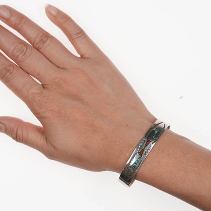 6.25" Vintage Navajo chip inlay cuff bracelet with nice stampings - Estate Fresh Austin