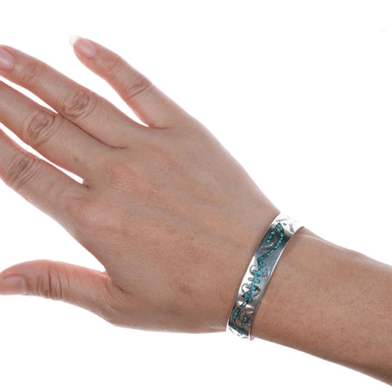 6.25" Vintage Navajo Chip inlay silver cuff bracelet with stamped design - Estate Fresh Austin