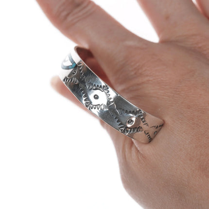6.25" Vintage Navajo Chip inlay silver cuff bracelet with stamped design - Estate Fresh Austin