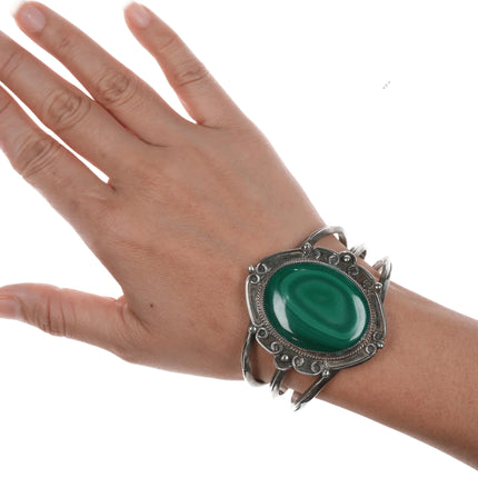 6.25" Vintage Navajo fancy silver cuff bracelet with malachite - Estate Fresh Austin