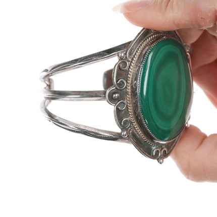 6.25" Vintage Navajo fancy silver cuff bracelet with malachite - Estate Fresh Austin