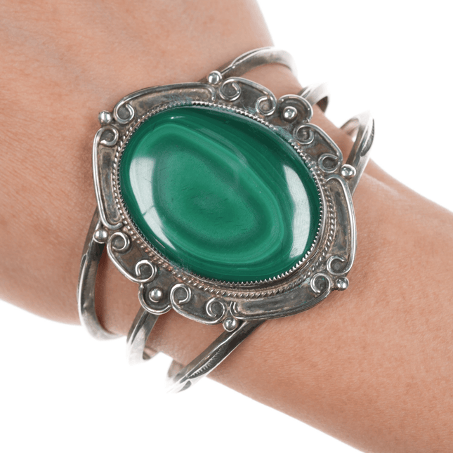 6.25" Vintage Navajo fancy silver cuff bracelet with malachite - Estate Fresh Austin