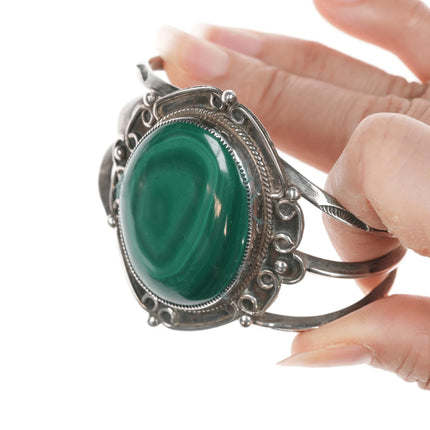 6.25" Vintage Navajo fancy silver cuff bracelet with malachite - Estate Fresh Austin