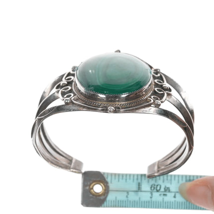 6.25" Vintage Navajo fancy silver cuff bracelet with malachite - Estate Fresh Austin
