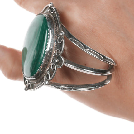 6.25" Vintage Navajo fancy silver cuff bracelet with malachite - Estate Fresh Austin