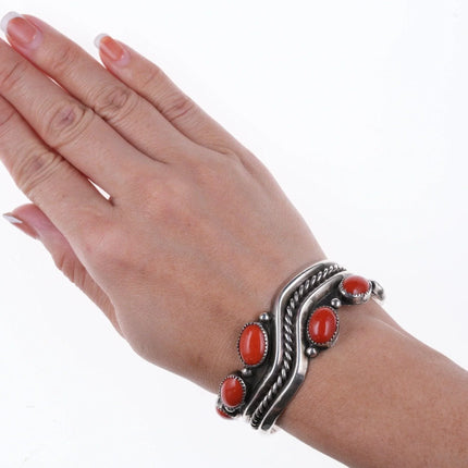 6.25" Vintage Navajo Modernist sterling and coral bracelet - Estate Fresh Austin