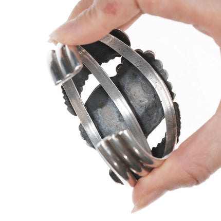 6.25" Vintage Navajo Silver cuff bracelet with two turquoise and leaves - Estate Fresh Austin